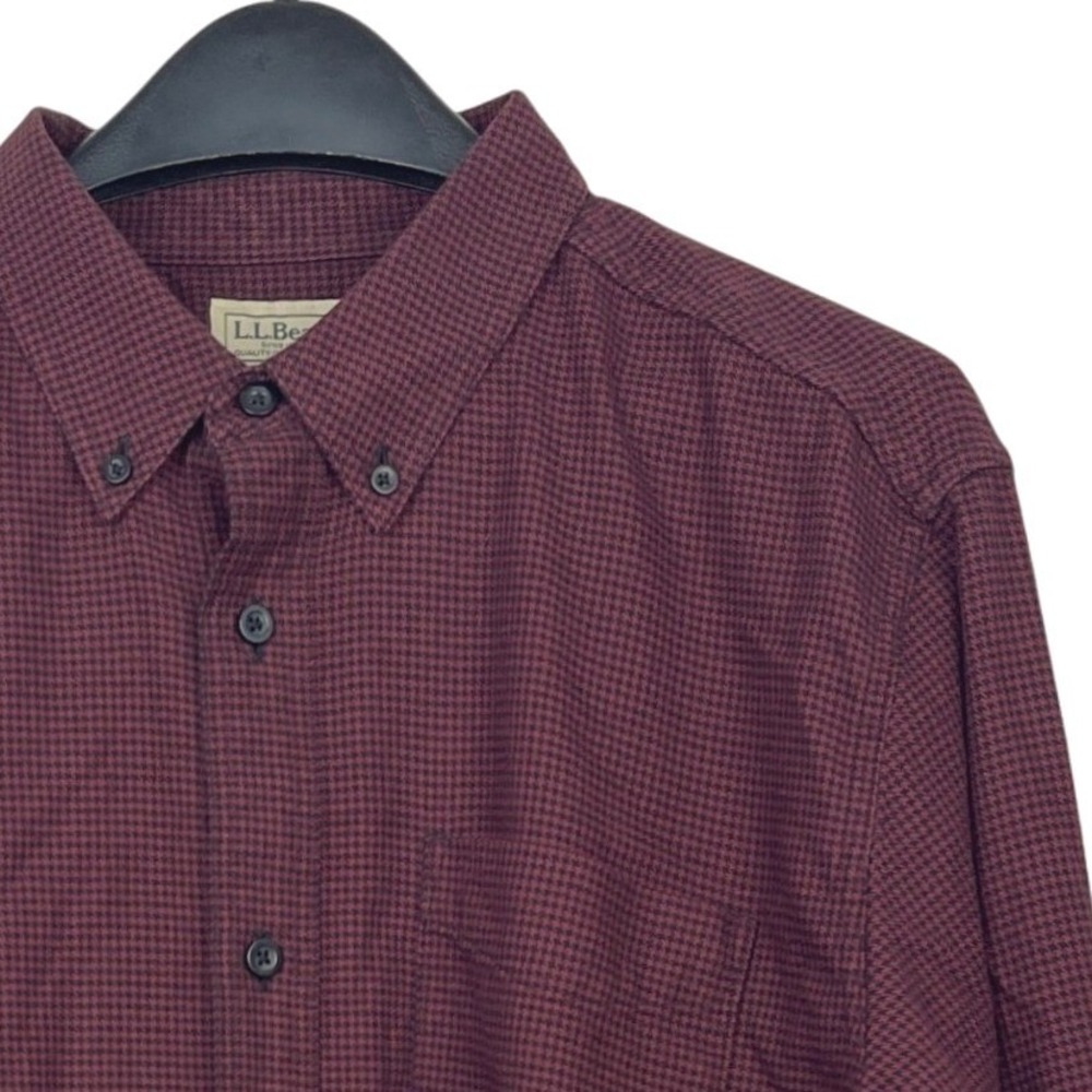 LL Bean FLANNEL Mens L‎ HOUNDSTOOTH Button Down Shirt Burgundy Slightly Fitted